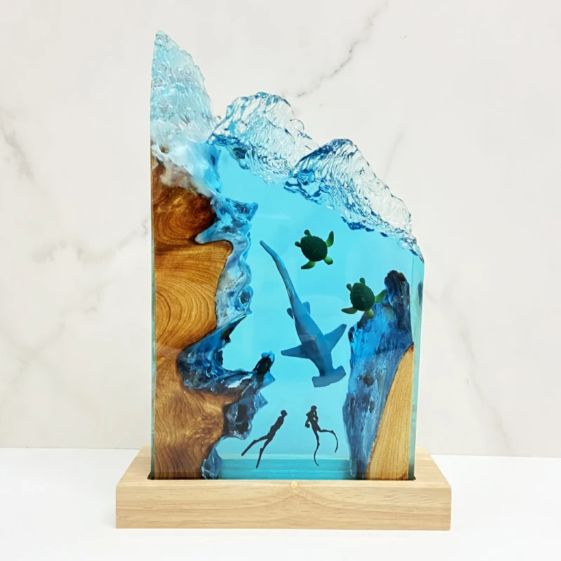 البحر موجة شكل الكائن الراتنج الجدول ضوء الفن الإبداعي الديكور مصباح القرش غواص قنديل البحر موضوع ضوء الليل USB تهمة
