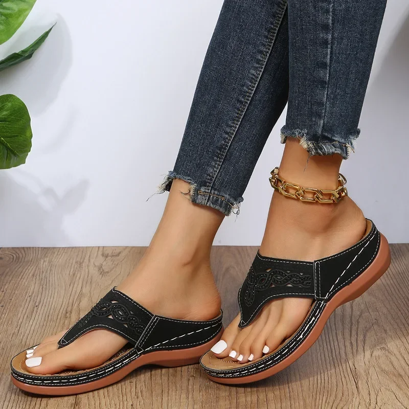 2025 Women Wedge Sandals Plus Size 43 Hollow Rhinestone Thick-soled Thong Sandals Summer Vintage Anti-slip Leather Casual Shoes