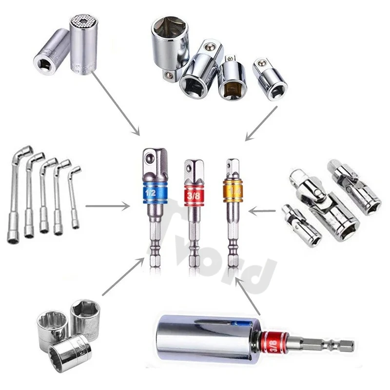 Socket Adapter Drill Bits Set 1/4 3/8 1/2 Inch Nut Driver Power Extension Impact Grade Hex Shank Adapter Drills Wrench Sleeve