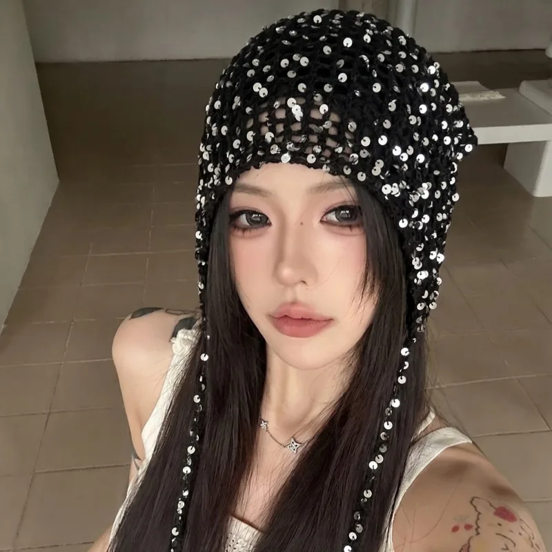 Sequined Triangle Beanies Headband Hollow Knit Mesh Hats Waist Belt Mesh Shawl Wrap Womens Crochet Headscarf Accessories Summer