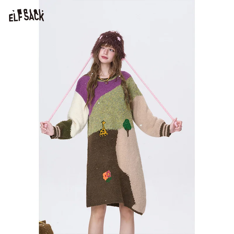 

ELFSACK Y2K Casual Loose Color Block Graphic Long Sleeve Knit Dress For Women