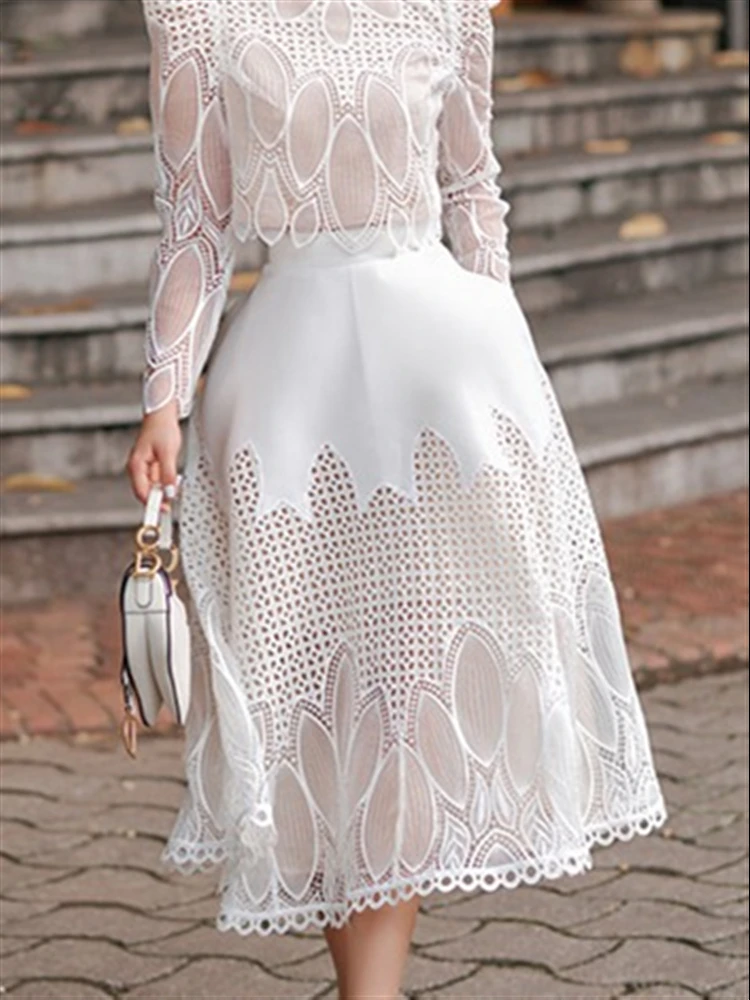 Woman Skirt Sets Two Piece Set Women Fall Clothes 2022 Elegant Embroidery Lace Solid Long Sleeve Shirt Top + High Waist Skirt