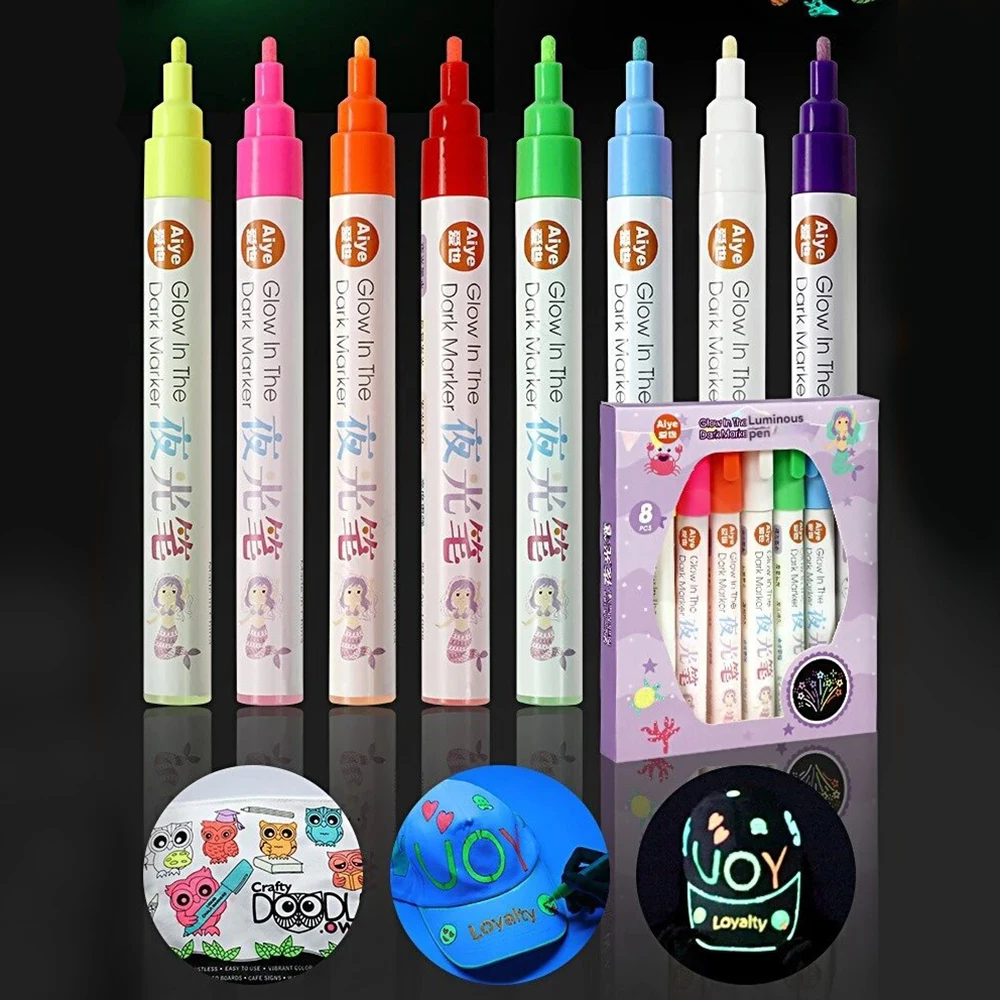 8色の暗闇で光るマーカー、3mm丸型ペン先--ハロウィーンのための、岩絵、布、ガラス、木材、キャンバス、diyクラフト用品