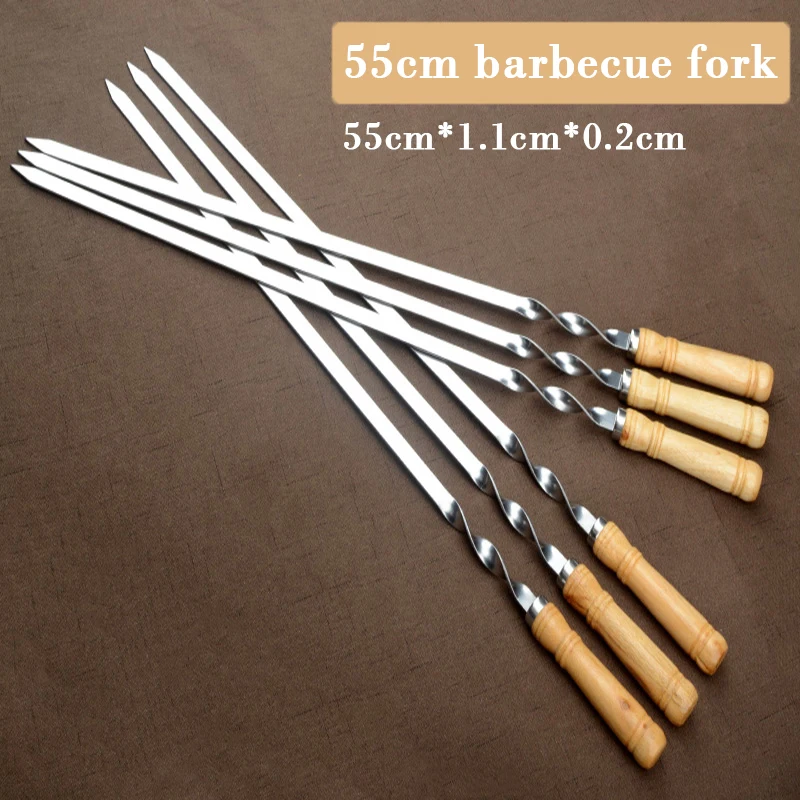 55cm Wood BBQ Fork BBQ Skewers Long Handle Kebab Barbecue Grill Sticks Reusable Stainless steel Outdoor Camping Grill Needle