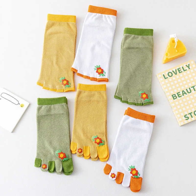 3 Pairs/lot Women's Short Spring Autumn Cotton Toe Socks Half Toed Socks Yellow Green White Socks For Women Girls