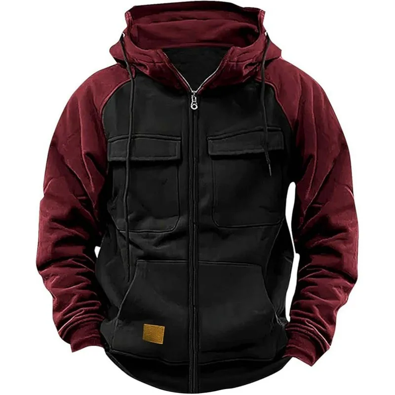 KIDWHXR Herbst Herren Sweatshirts Kontrastfarbener Reißverschluss Kapuzenjacke für Männer Outdoor Sport Lässige Lose Langarm Herren Oberbekleidung – Detail 4