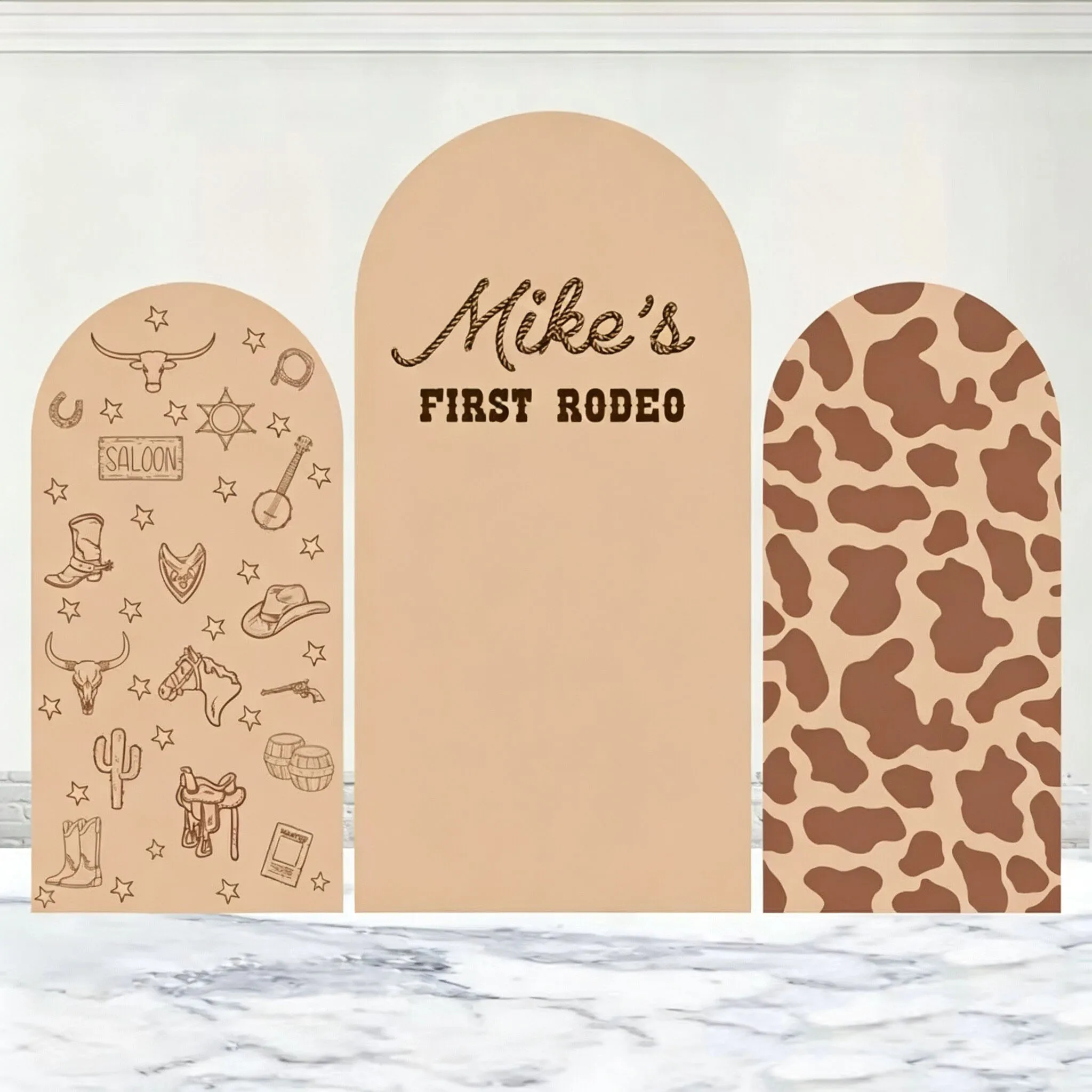 Custom 2-Side First Rodeo Baby Shower Arch Backdrop Cover Cow Print Diy Name Age Birthday Party Decor Backdrop Photo