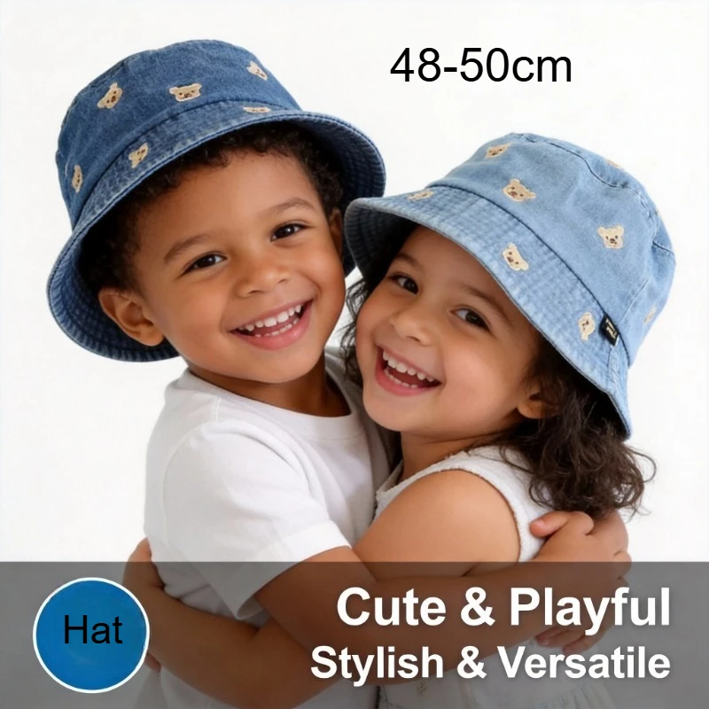 

Spring Summer Baby Caps Lovely Bear Embroidery Pattern Kids Boys Girls Outdoor Sun Hats Soft Denim Children Fisherman Hat