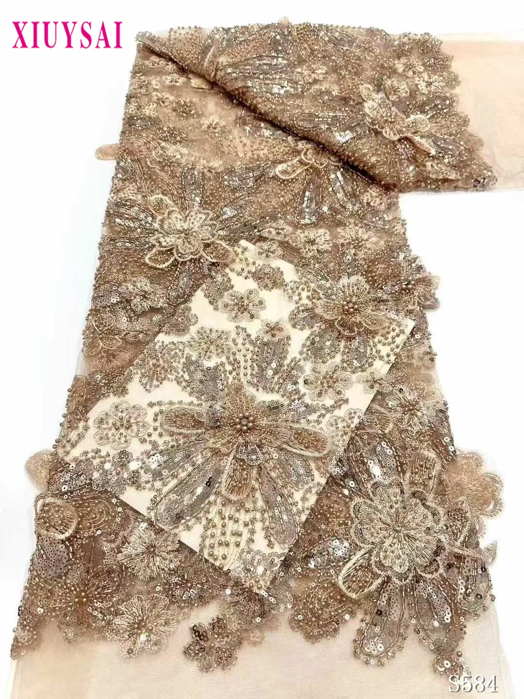 Luxury 2024 Latest French 3D Beaded Tulle Lace Fabric High Quality African Net Lace Fabrics With Sequins For Evening Dresses #1