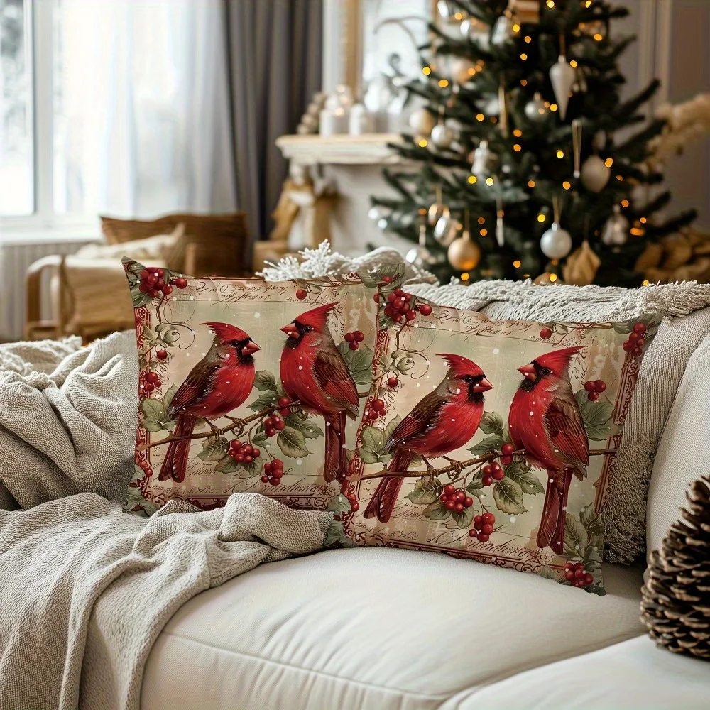2pcs Vintage Christmas Decorative Pillow Covers - Red Cardinal Berry Holiday Cushion Cases with Zipper Closure Beige Background