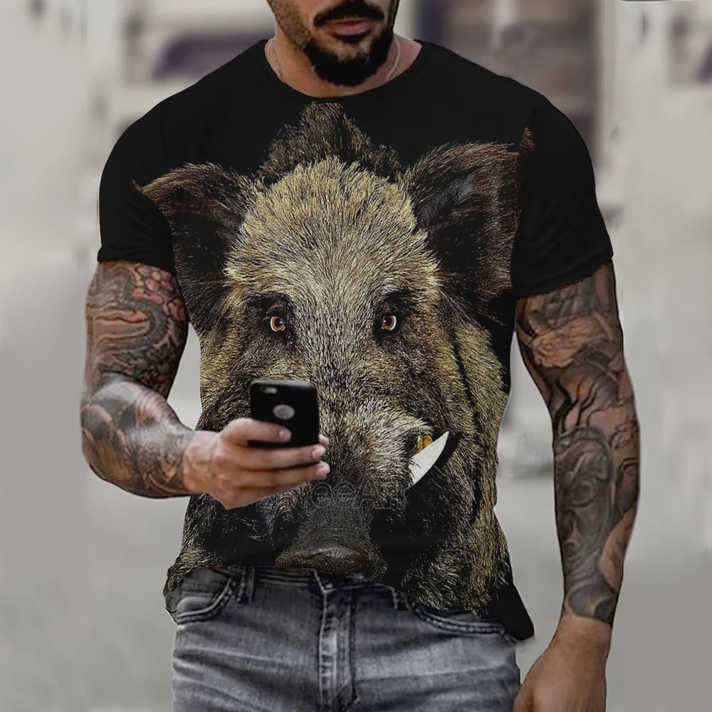 Wild Boar 3D printed T-shirt Men\'s short sleeve o collar Outdoor hunter Animal loose dry Breathable personality clothing