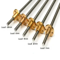 3D Printer Screw T6 Stainless Steel Large Lead Trapezoidal Screw Rod 100mm 200mm 300mm 400mm 500mm with Copper Nut
