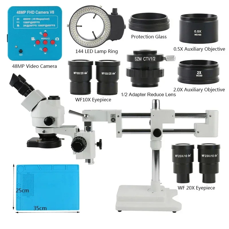 

3.5X 90X 180X Simul-Focus Double Boom Stand Trinocular Stereo Zoom Microscope 48MP 55MP 2K 4K HDMI VGA USB Camera For PCB Repair