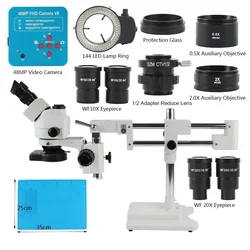 Microscopio trinoculare con zoom stereo con supporto a doppio braccio simul-focus 3,5X 90X 180X 48MP 55MP 2K 4K HDMI VGA USB fotocamera per riparazione PCB