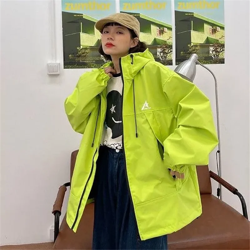 Spring Autumn Hooded Jackets Women 2024New Fashion Loose Leisure Pure Colour Fluorescent Green Pocket Drawstring Overcoat Female