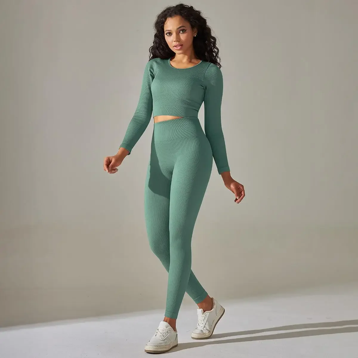 

Yoga Set Women Gym Long Sleeve Top Seamless Leggings Tights Ribbed Suit Sport Fitnes Workout Training Set Women Yoga Clothing