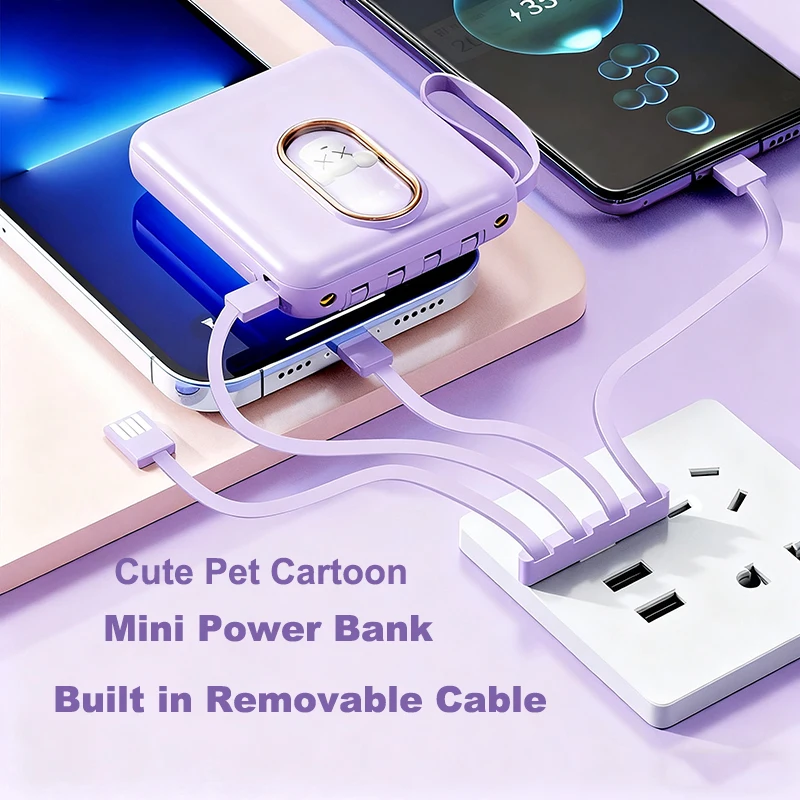 

Mini Power Bank 20000mAh Cute Pet Cartoon LED Light Powerbank Built in 4 Cable Portable Charger External Battery Pack Power Bank