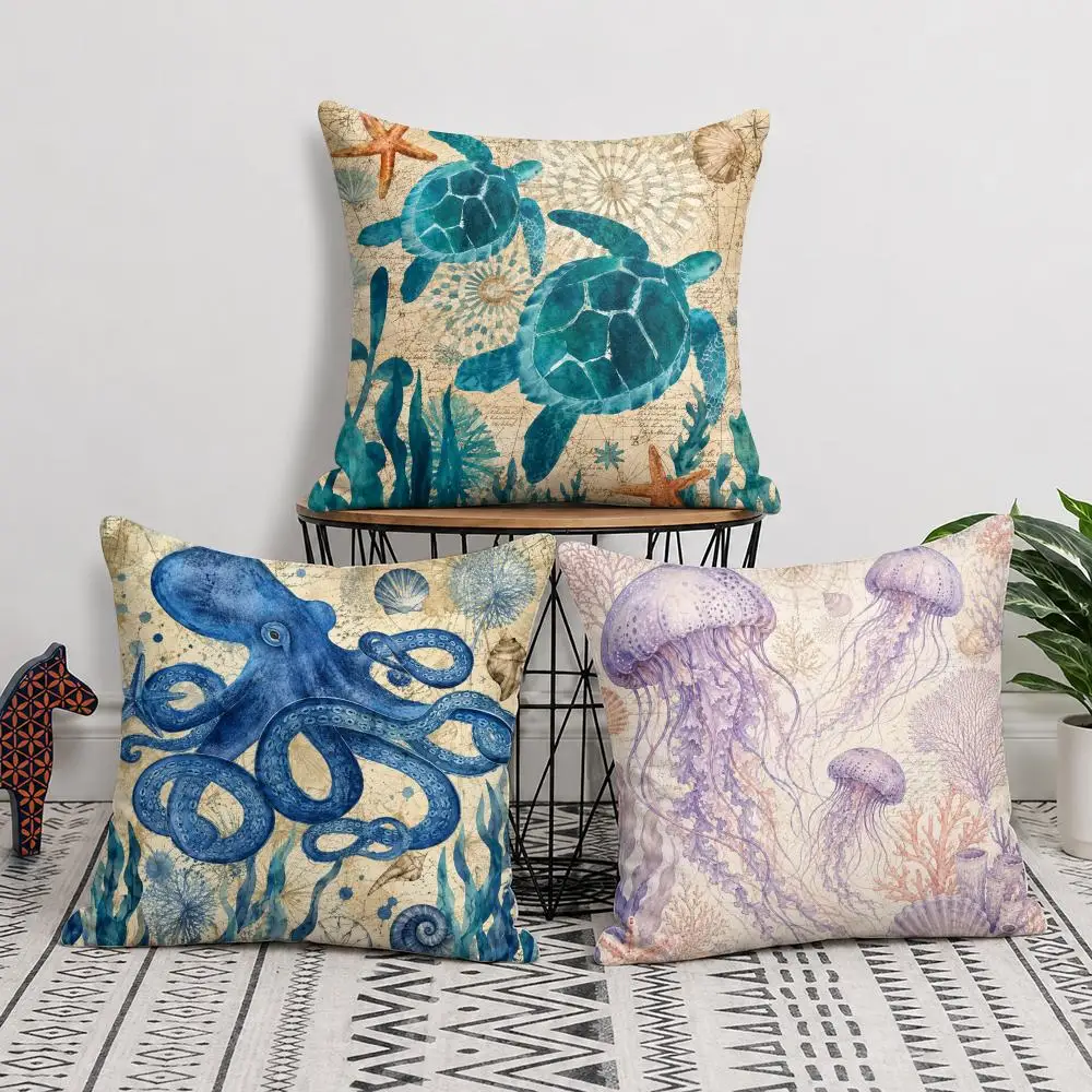 Marine Animals Cushion Cover Short Plush Soft Double-Sided Printing Pillow Case Cozy Sofa Bedroom Home Decor Gift
