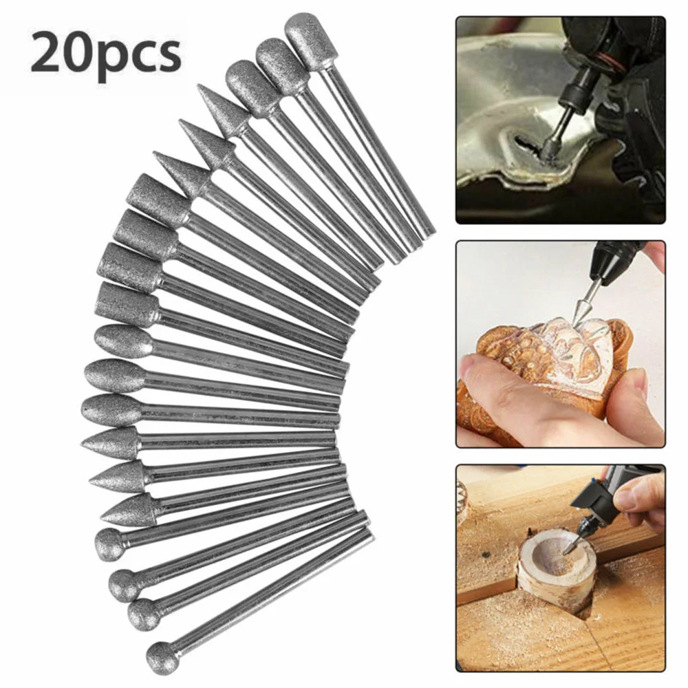 

3mm shank Burr Drill Bits Carving Ceramics Supplies Tile 120 Grit 20pcs Cutting Diamond Electroplated Grinding