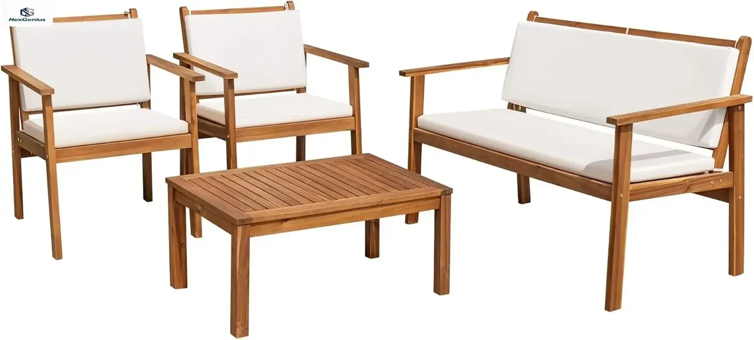 Patio Furniture 4 Piece Outdoor Acacia Wood Patio Conversation Sofa Set with Table & Cushions Porch Furniture for Deck, Balcony,