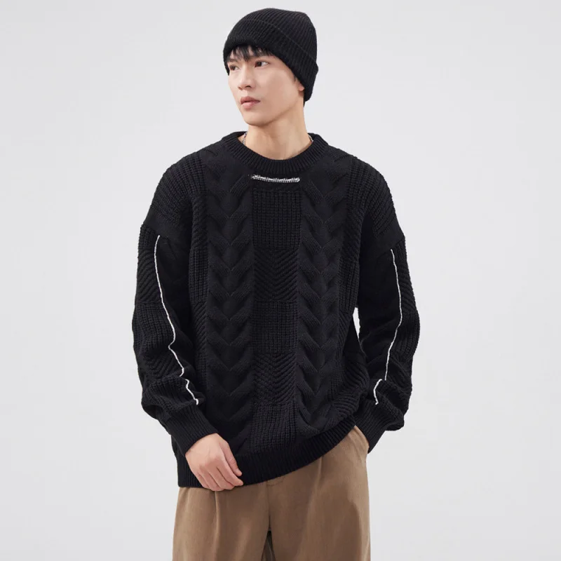 QICHE 2026 Autumn Men Crew Neck Knitwear, Trendy Textured Surface Loose Sweater, Versatile Casual Base Layer