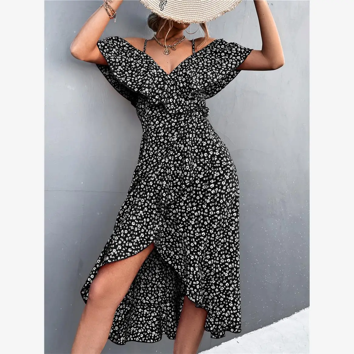 Susp floral de um ombro Dr bainha irregular Street Sle cintura alta estampa saia longa evasê V-Ne ort Sve verão...