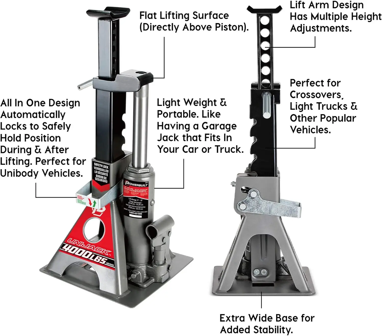 2 طن UniJack امتزاج مقبس الزجاجة الهيدروليكية / حامل الرافعة في وحدة واحدة، مدمج، محمول، قاعدة واسعة، لسيارات Unibody Sedans، CUVs، S