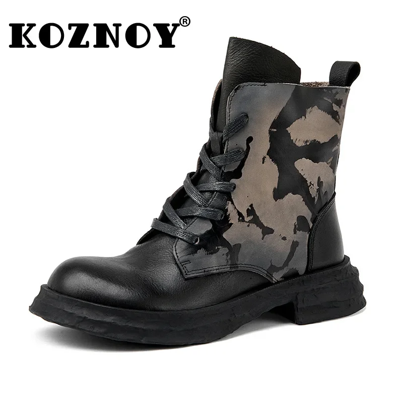 

Koznoy Boots for Women 4cm Ankle Platform Wedge Booties Moccasins Cowgirl Flats Fashion Autumn Spring Genuine Leather ZIP Shoes