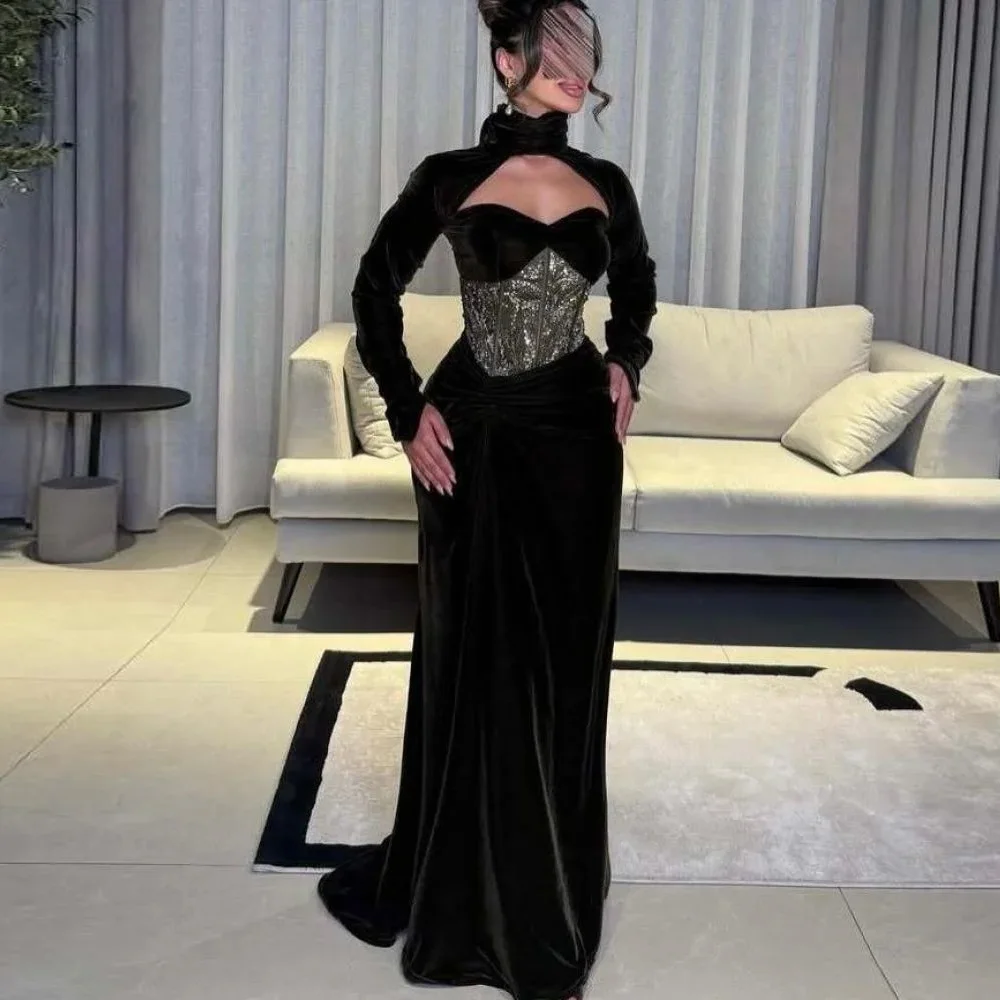 

Черное элегантное вечернее платье с высоким воротником и длинными рукавами, индивидуальный пошив, высокое качество, расшитое пайетками, для особых случаев, с бисерной отделкой, для выпускного вечера