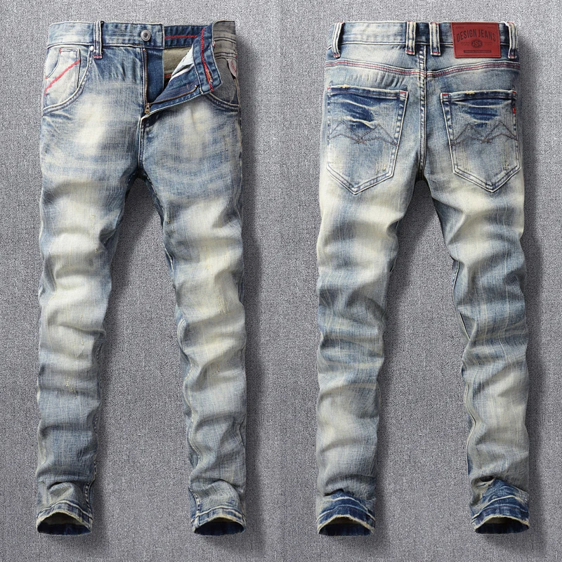 

Italian Style Fashion Men Jeans Retro Blue Slim Fit Ripped Jeans Homme Vintage Designer Casual Denim Pants Men Stretch Trousers