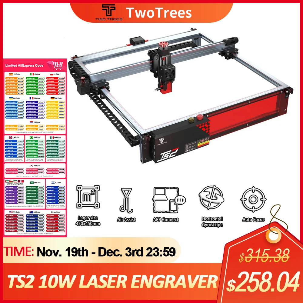 Twotrees TS2 80 واط التركيز التلقائي حفارة بالليزر 450x450 مللي متر مع واي فاي التحكم دون اتصال بالإنترنت نظام مساعد الهواء كشف اللهب ومفتاح الحد