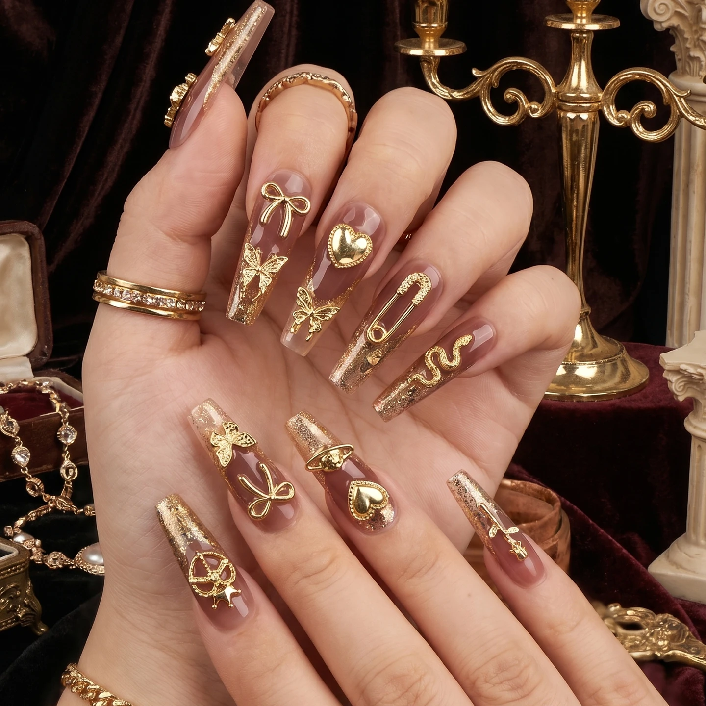 210pcs/box 3D Mixed Luxury Gold Bow Butterfly Nail Metal Charms Exquisite Multi-Style Rose Star Nail Art DIY Jewelry Accessories