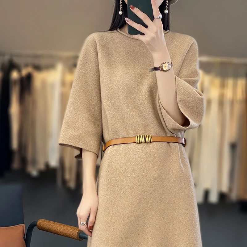 Casual loose women\'s 100% pure wool cashmere dress short sleeve knitted women\'s new pullover wool dress sweater spring long styl