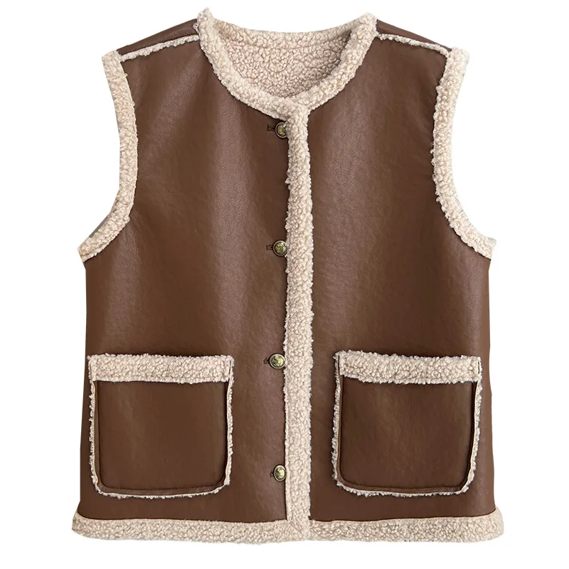 

Plus Size Women Vintage fleece-lined Waistcoat Autumn Winter Loose Sleeveless Vest LEATHER & FUR Coat F421
