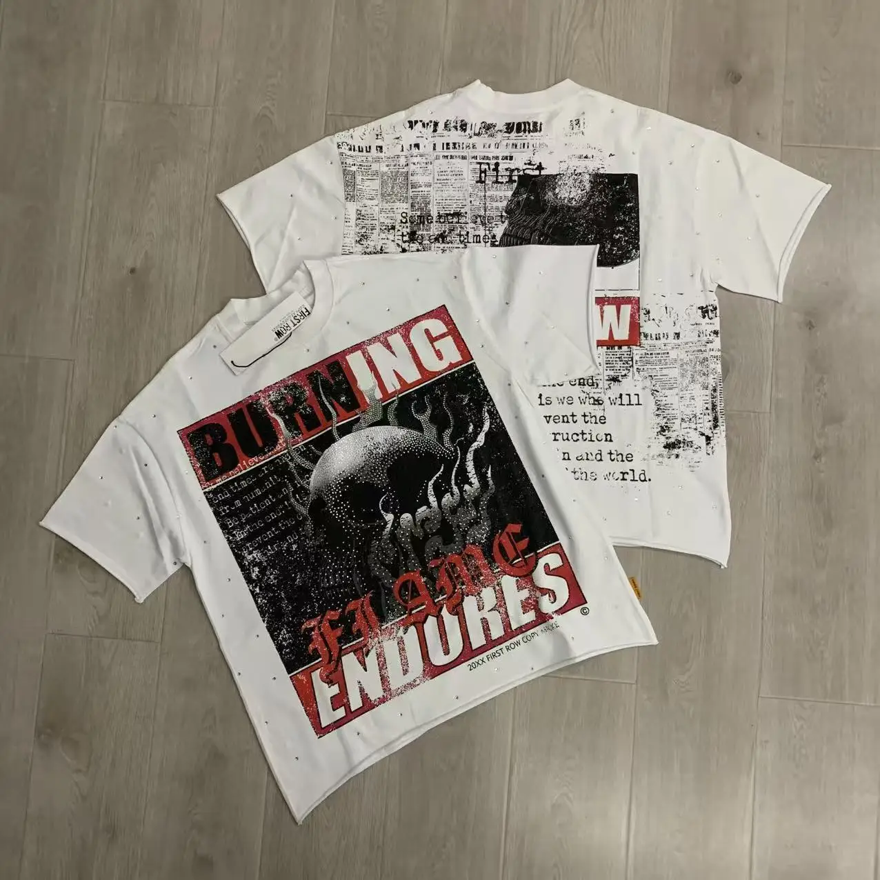 First Row Retro Trendy High-Quality Washed Vintage Beaded Casual Men's and Women's Short-Sleeved T-Shirt