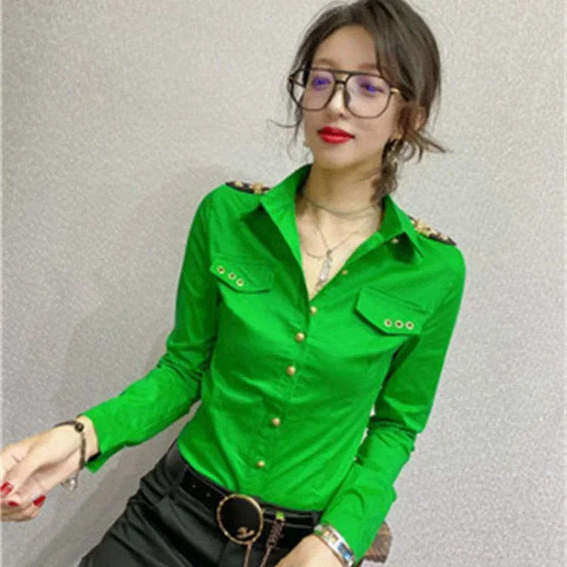 New Slim Summer Short-sleeved Shirt Women Epaulettes Autumn Long Sleeve Shirt White Korean Fashion Top Single-breasted