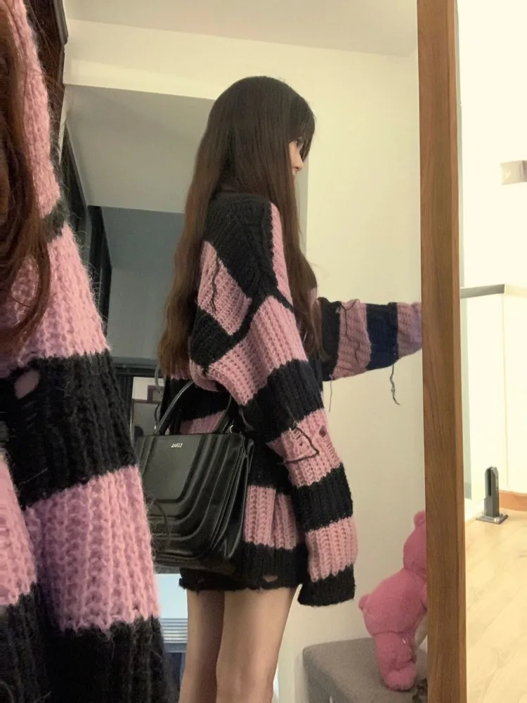 Deeptown Y2K Pink Knitwear Striped Sweater Women Korean Style Gyaru  Jerseys Harajuku Distressed Jumpers Hollow Out Oversize Top