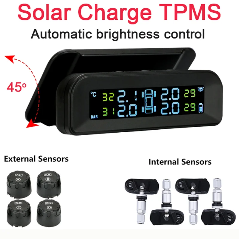 Solar Car TPMS Tire Pressure Monitoring System Digital Clock LCD Display Car Tire Pressure Temperature Safety Alarm System