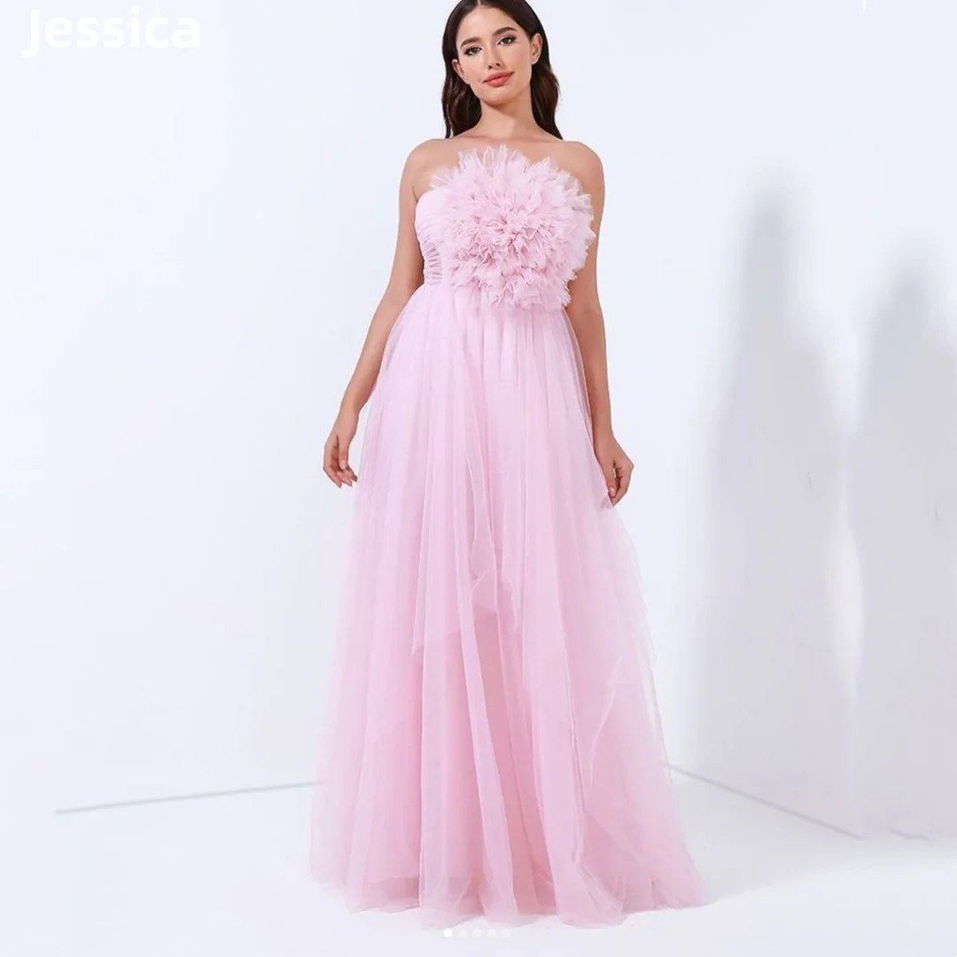 Jessica Pink Fairy Prom Dresses Handmade Tulle Flowers EveningDresses Wedding Dress Formal Party Dresses Robes De Soirée