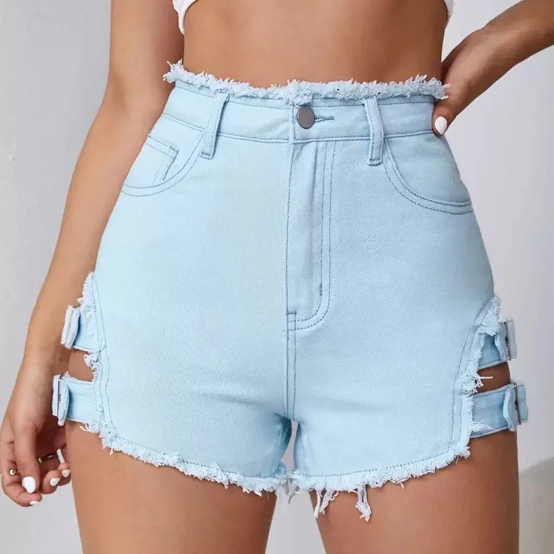 Shorts jeans skinny de cintura alta para mulheres estilo americano angustiado oco fivela de metal gravata cintura streetwear