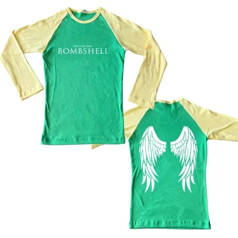 Women Green Yellow Raglan Long Sleeve Tee Truth Or Dare Bombshell Print Angel Wings Back Graphic Y2K Sweet Cool Top