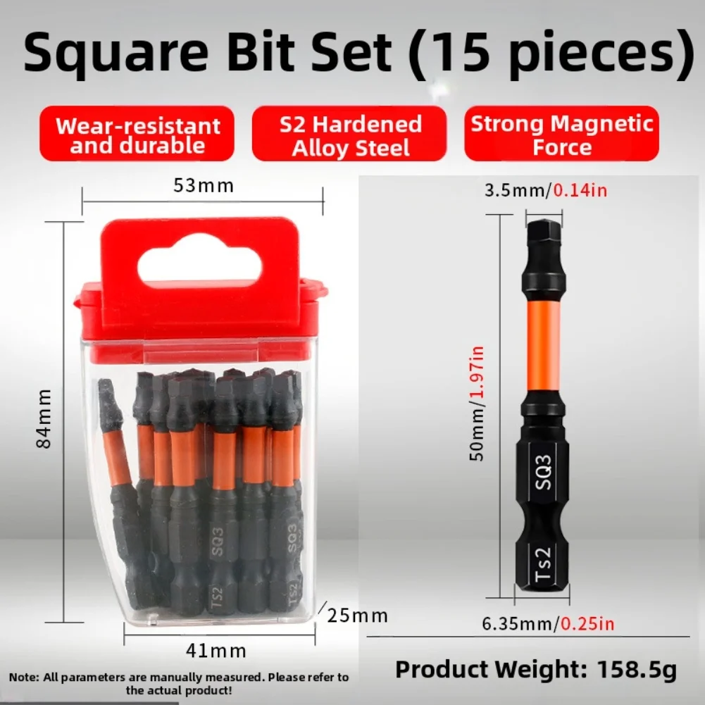 

15pcs 50mm Torque Square Bit Set Hex Shank 1/4" Square Screwdriver Bits Set Strong Magnetic Driver Bits With Color Coded Base