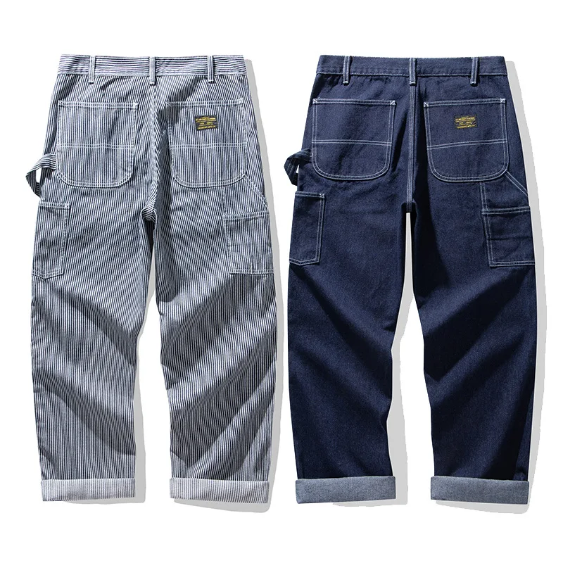 American Vintage Raw Denim Rail Worker Jeans - Americana Multi-Pocket Striped Work Pants / Outdoor Utility Trousers OKONKWO