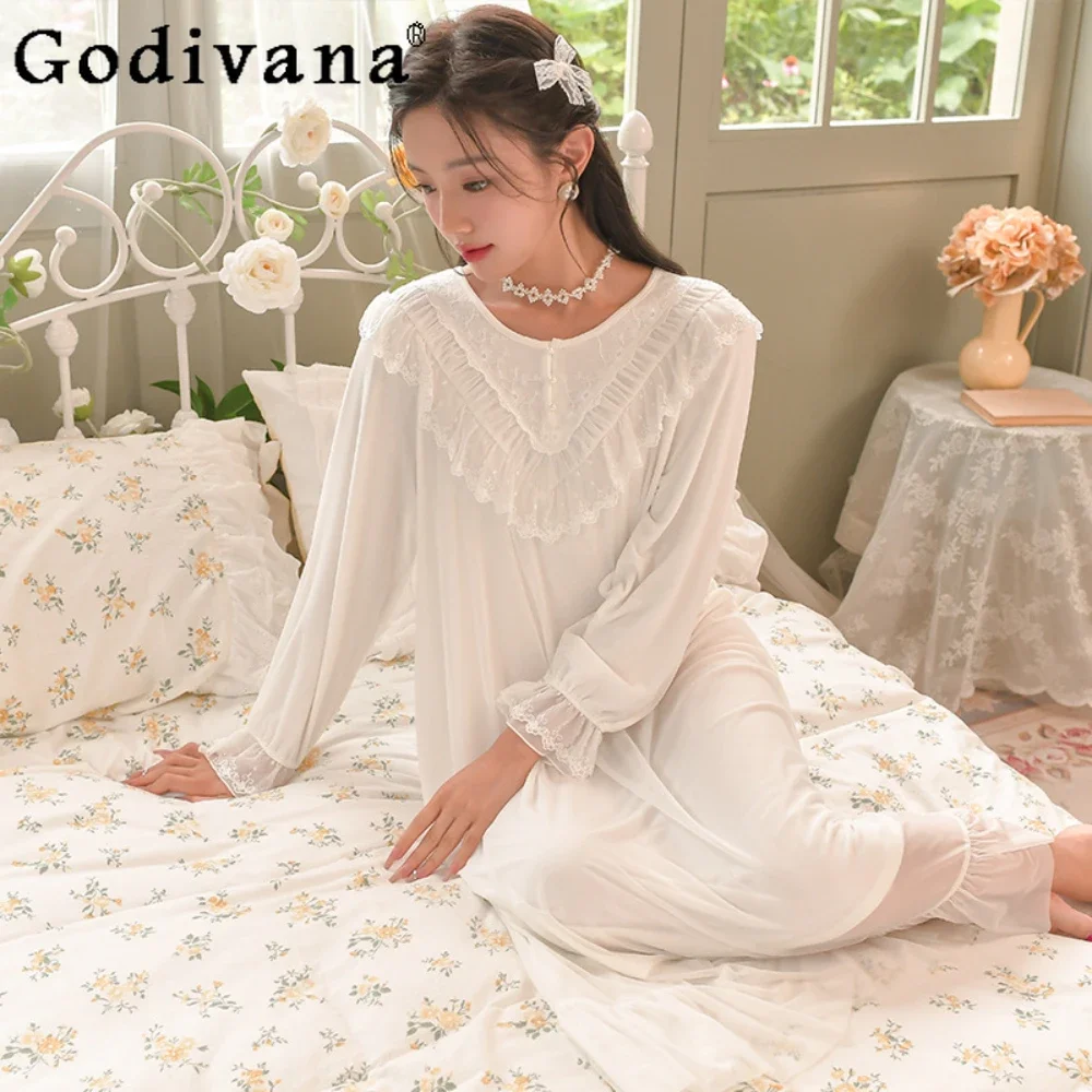 

White Nightdress Women's Autumn Long-sleeved Sweet Princess French Pajamas Girly Casual Sleepwear