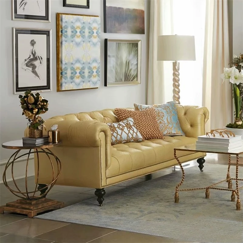 Leather sofa living room pull buckle soft bag three-person model room club leisure sofa