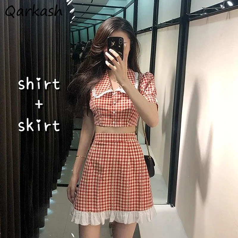 

Sets Women Plaid Cute Simple Summer Holiday Soft Cropped Lace Clothing Casual Slim Lovely Maiden Empire Skirts Peter Pan Collar