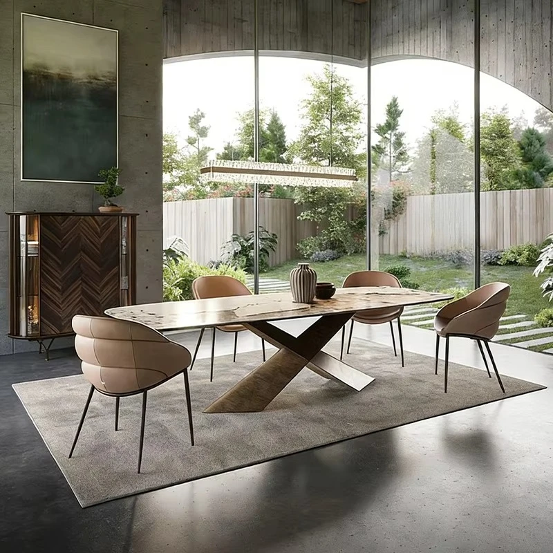 

&c Modern Dining Table Metal Base with X-Shaped Cross Support Sleek Geometric Design Minimalist Piece Mesa De Comedor