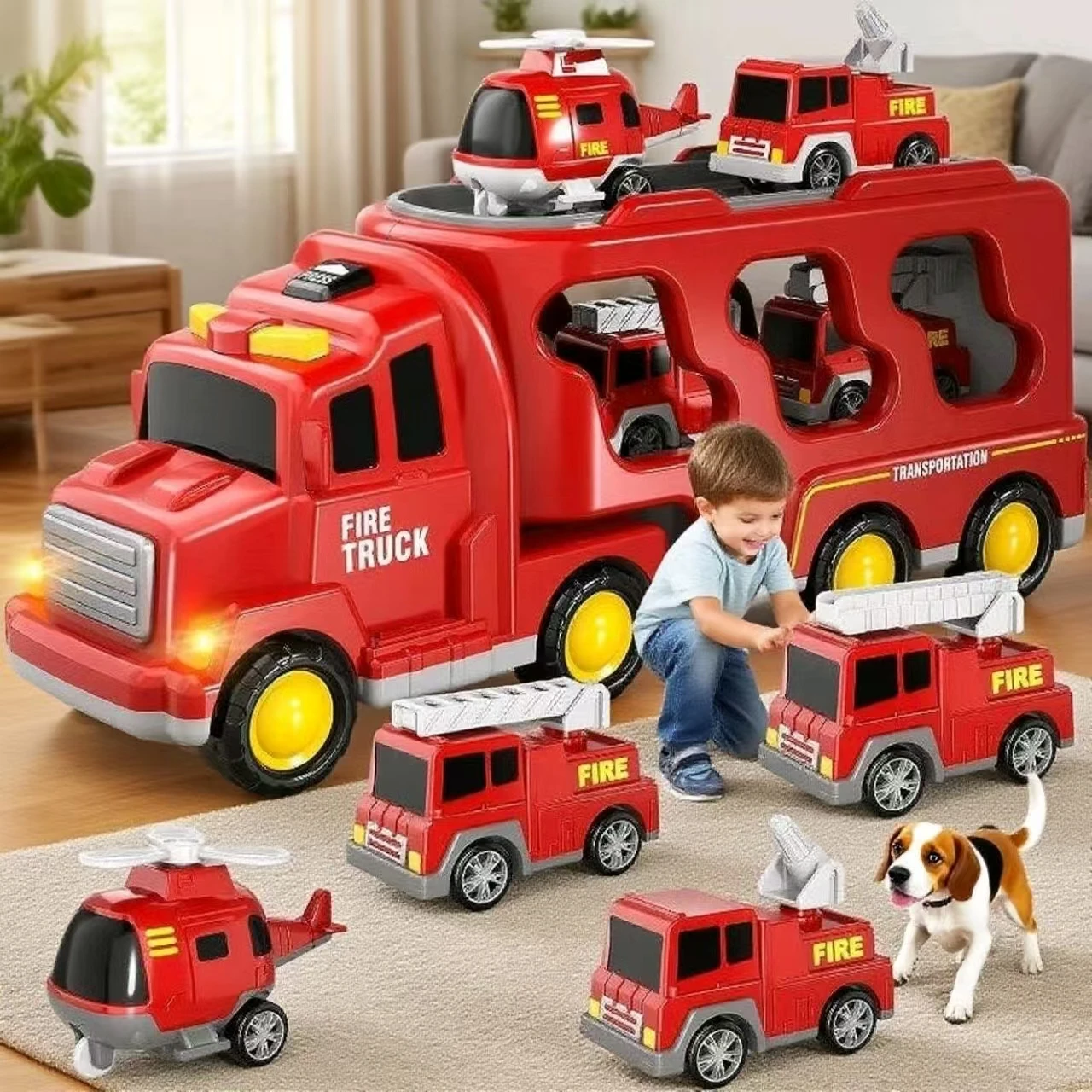 7-in-1 다기능 시티 트럭 장난감 세트 - 어린이를 위한 LED 조명이 포함된 마찰 구동 및 풀백 건설 차량