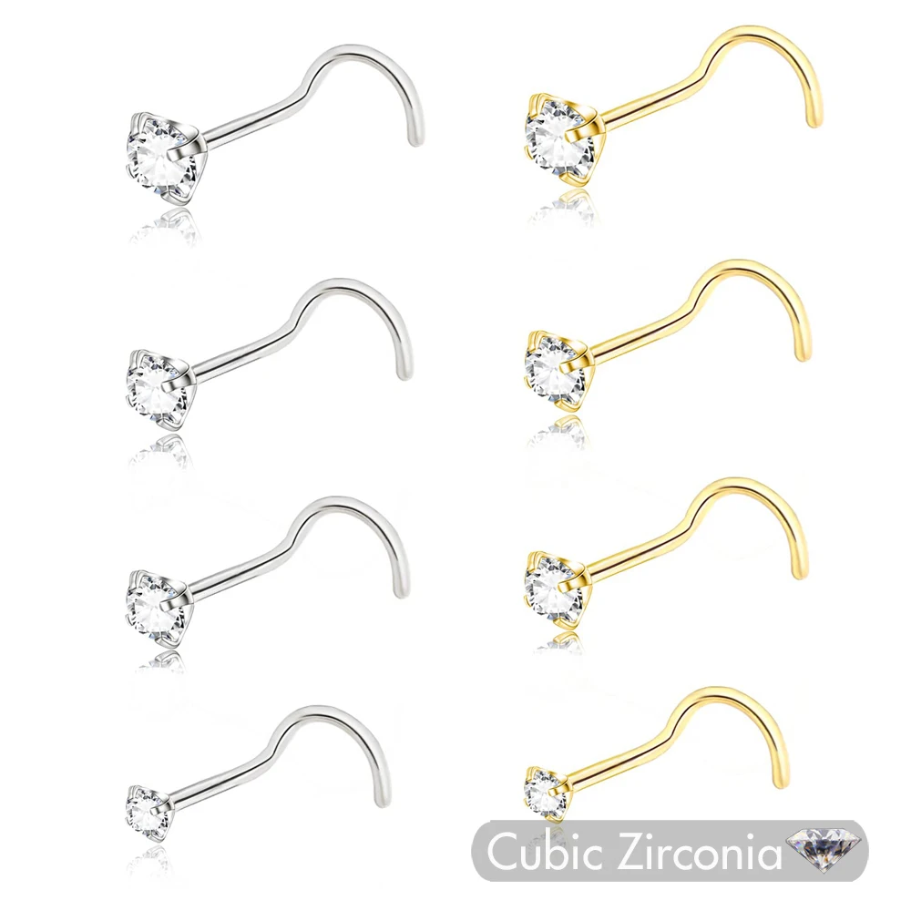 5Pcs CZ Crystal Stainless Steel Nose Studs Piercing Rings Jewelry Bone Shape Nostril Piercings Round Gem for Women 20guage 0.8mm