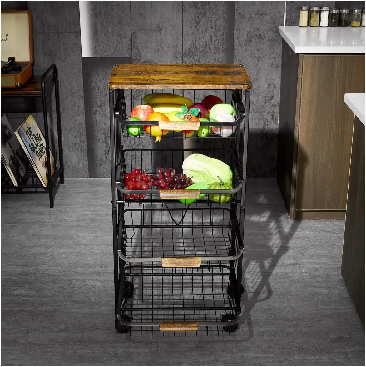 Potato Storage, 5-Layer Potato and Onion Storage Bin, Retro Kitchen Stand, Iron and Wood Fruit Basket